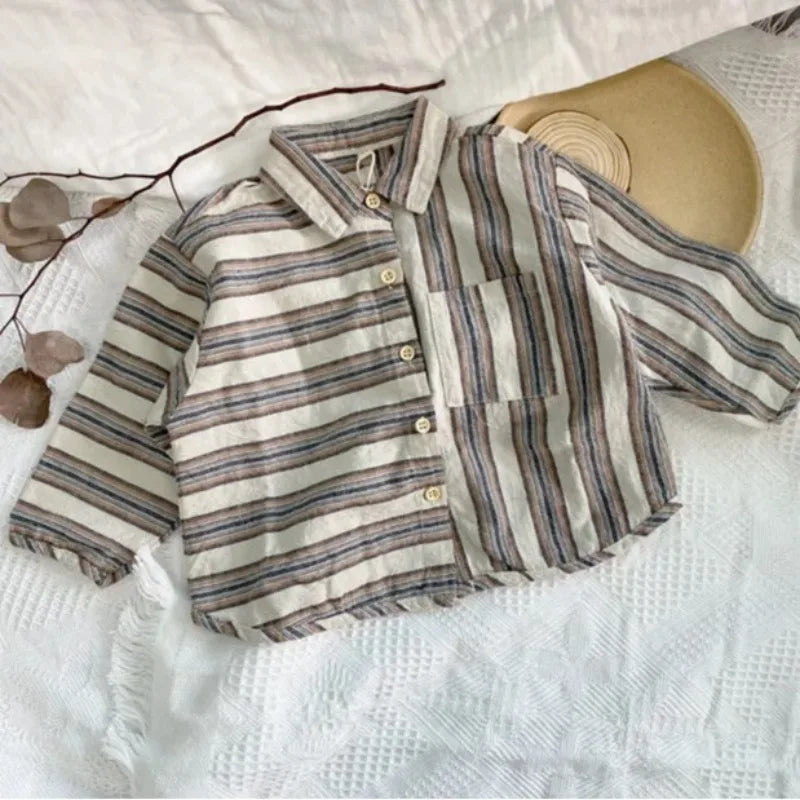 Boys Retro Striped Cotton Linen Long Sleeve Shirt – Korean Literary Button Top