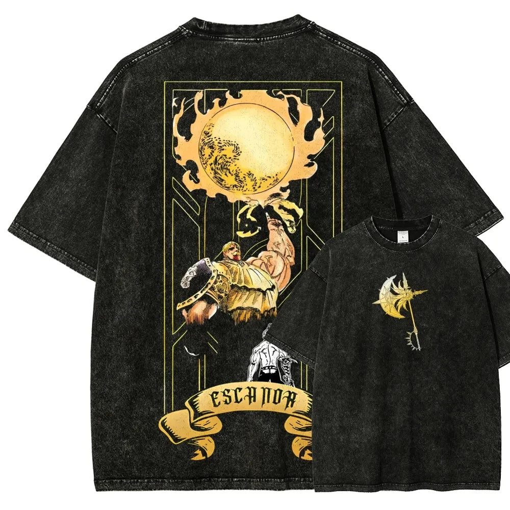 Japan Hot-blooed Anime Seven Deadly Sins Escanor Graphic Print T-shirt Men Women Fashion Vintage Washed Cotton Tee Oversized Top