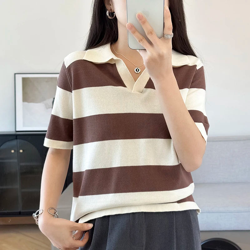 Women's Solid Polo Shirt – Half Sleeve Cotton Striped Casual Knit T-Shirt