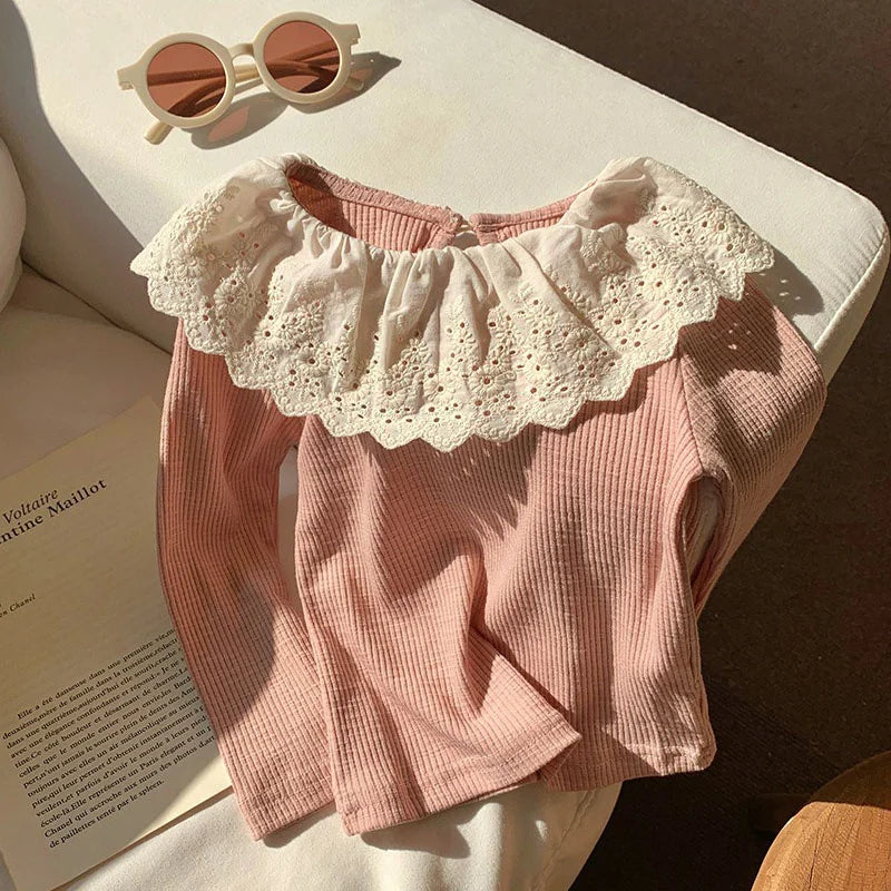 Girls Ruffled Knitwear Long Sleeve Top – Korean Solid Color Autumn Base Shirt