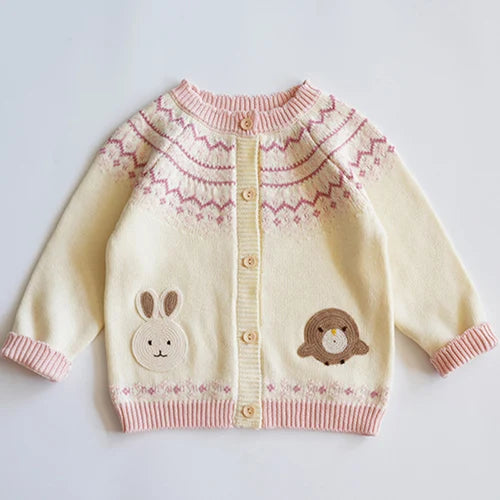 Kids Cartoon Print Knit Cardigan Coat – Casual Long Sleeve Sweater Jacket