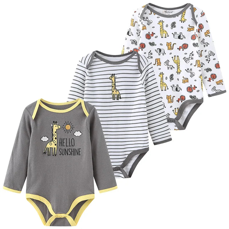 Newborn Cartoon Long Sleeve Bodysuit – 100% Cotton Baby Onesie 3-Pack