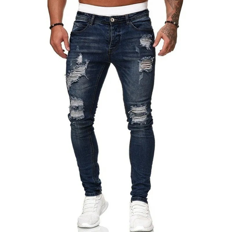 Men's Ripped Skinny Slim Fit Denim Jeans – Vintage Wash Street Style Trousers