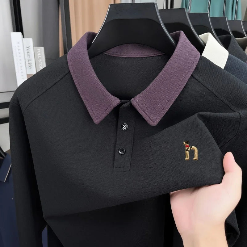 Luxury trend long sleeve men's polo shirt brand high-end cartoon dog embroidery autumn new unique color blocked lapel T-shirt