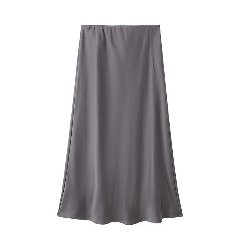 Women's Black Satin High Waist Midi Skirt – Elegant Office Summer Skirt