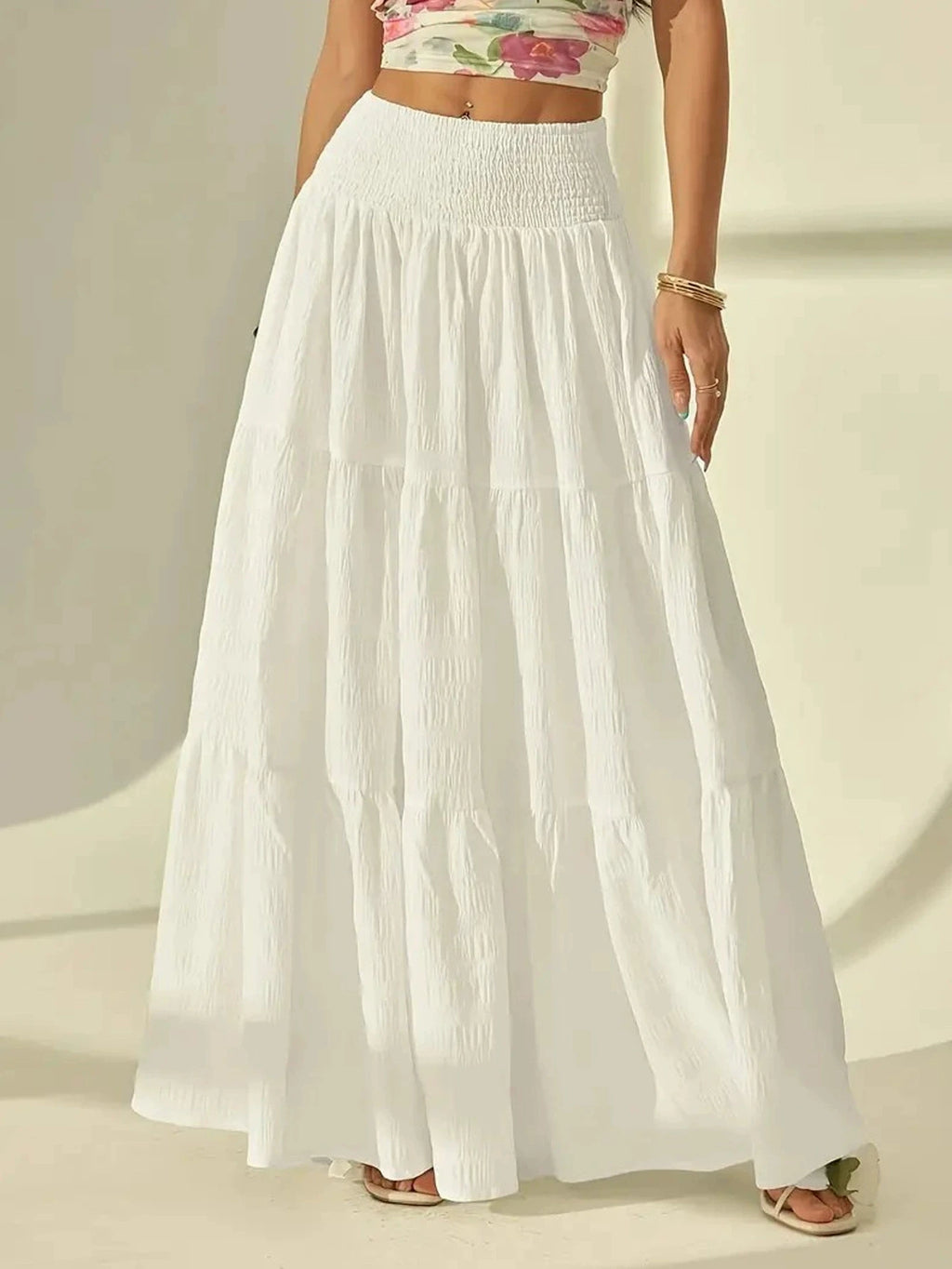 Women's Plus Size Layered Long Skirt – Casual Solid Elastic Waist Holiday Skirt