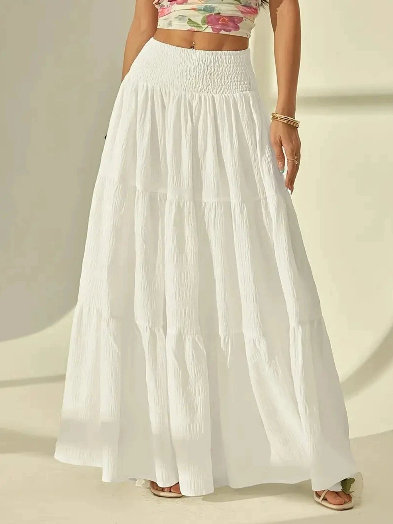 Women's Plus Size Layered Long Skirt – Casual Solid Elastic Waist Holiday Skirt