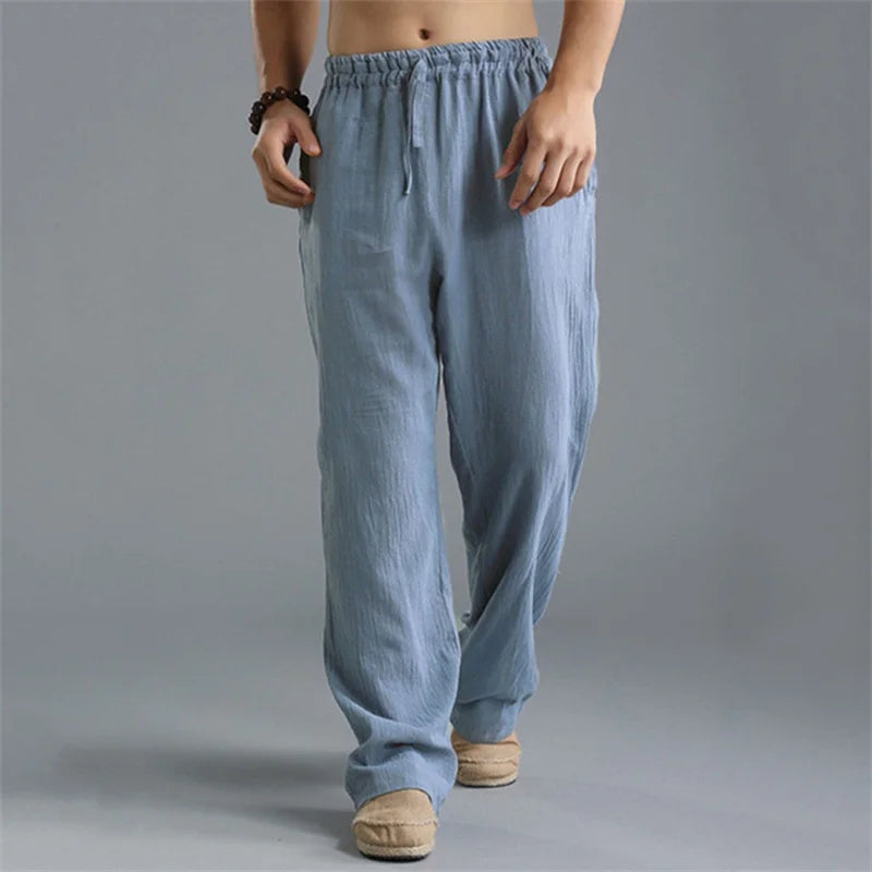 Solid Color Cotton Linen Men Pants Minimalist Basic Casual Drawstring Trousers Thin Plus Size Loose Straight Leg Pant