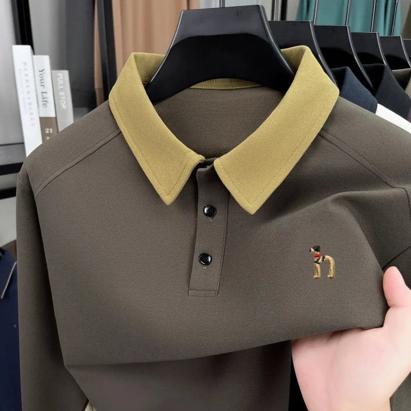 Luxury trend long sleeve men's polo shirt brand high-end cartoon dog embroidery autumn new unique color blocked lapel T-shirt