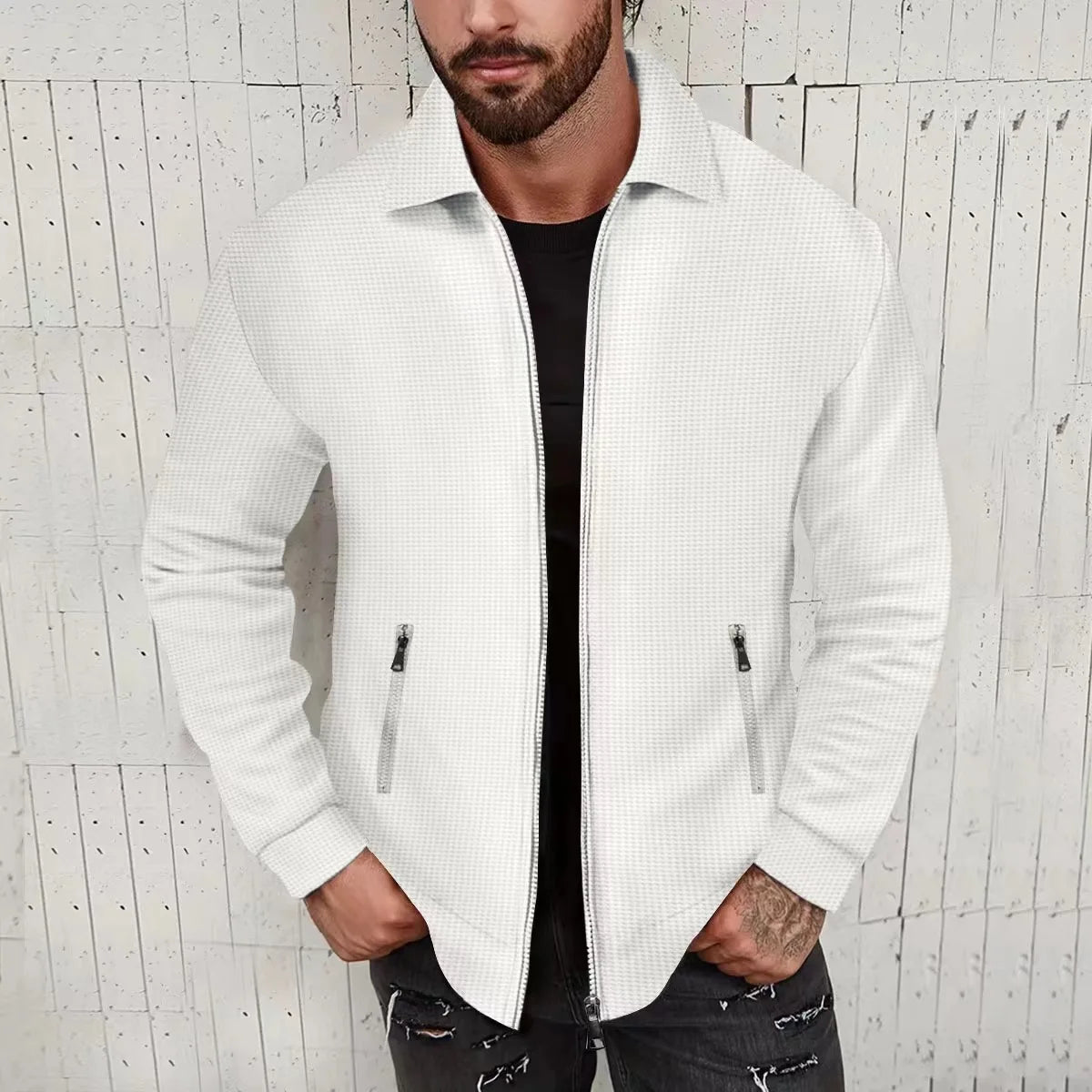 Men's Waffle Texture Long Sleeve Zipper Jacket – Casual Autumn Coat