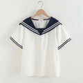 Women's Navy Sailor Collar Patchwork Blouse – Short Sleeve Pullover Summer Top