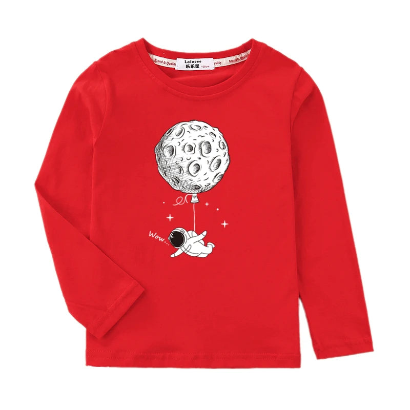 Boys Astronaut Print Long Sleeve T-Shirt – Fun Space Cotton Kids Top