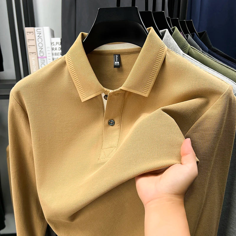 100% cotton luxury polo shirt long sleeve men's classic simple solid color business casual spring autumn comfort premium T-shirt