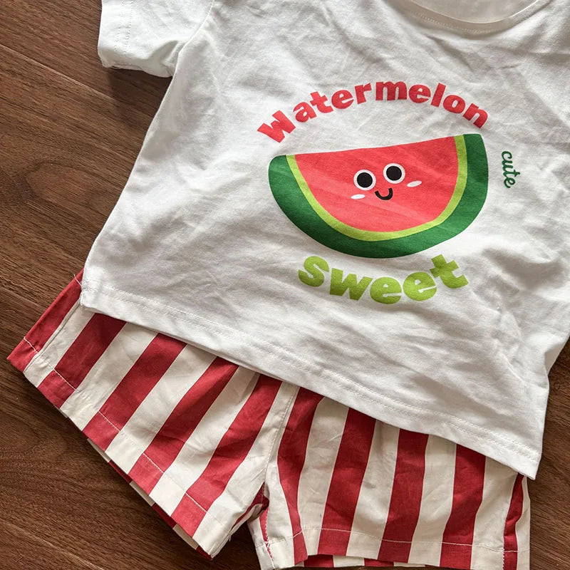 Girls Cartoon T-Shirt & Striped Shorts Set – Cotton Loose 2-Piece Summer Outfit Ages 1–9