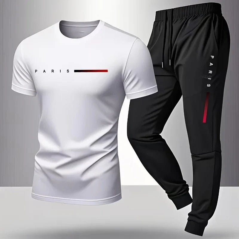 PARIS Men s casual suit spring and summer new style letter print American trend sports fashion short sleeved pants two-piece set
