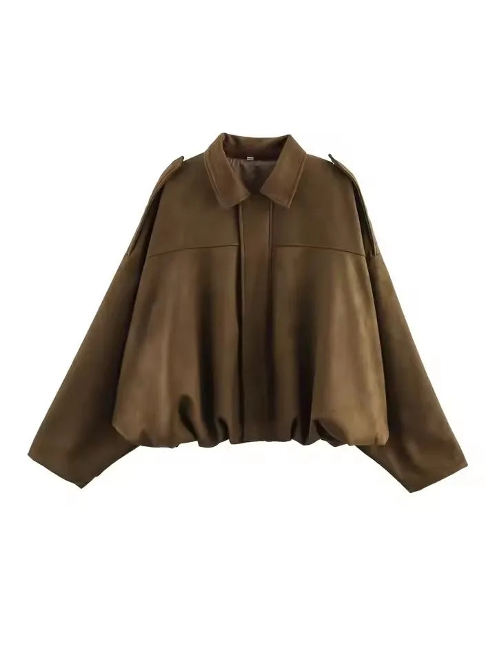 Women's Green Suede Oversize Bomber Jacket – Long Sleeve Zipper Casual Street Coat