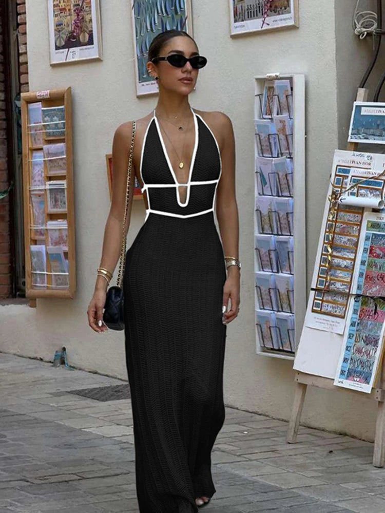 Women's Sexy Halter Backless Lace-Up Color-Block Dress – Sleeveless Nightclub Fashion