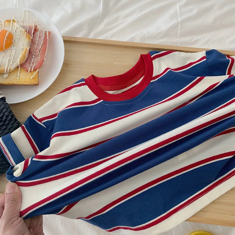 Kids Striped Cotton Long Sleeve Hoodie Top – Casual Base Shirt Ages 2–7