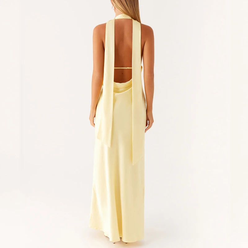 Maemukilabe Sexy Sleeveless Low Cut Print Maxi Dress Boho Halter Neck Slim Fit Flowy Long Dress Backless Floral Summer Beachwear