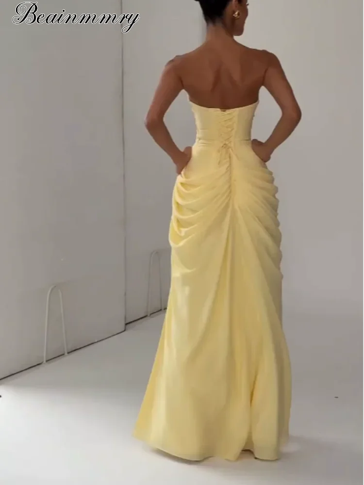 Women's Strapless Pleated Maxi Gown with Split – Elegant Yellow Waist Cinching Evening Dress