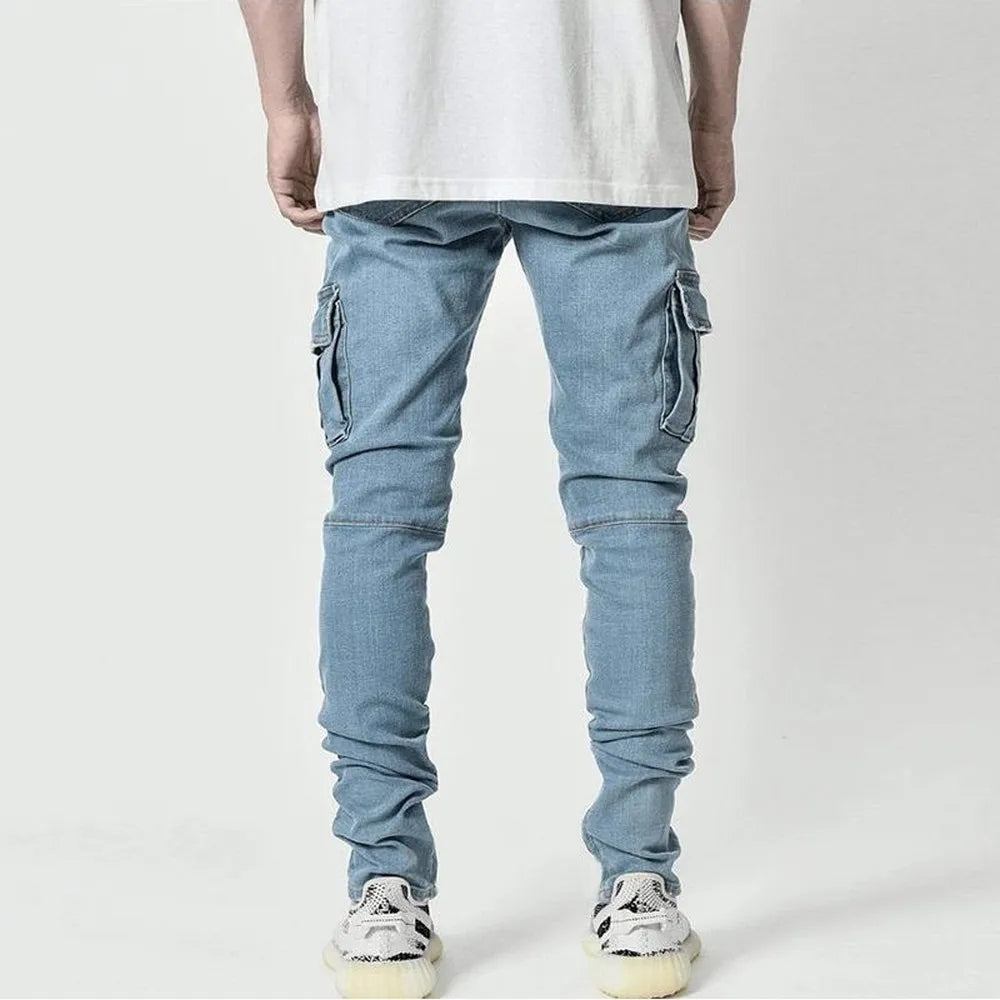 Men's Elastic Denim Cargo Jogger Jeans – Slim Fit Multi-Pocket Street Trousers