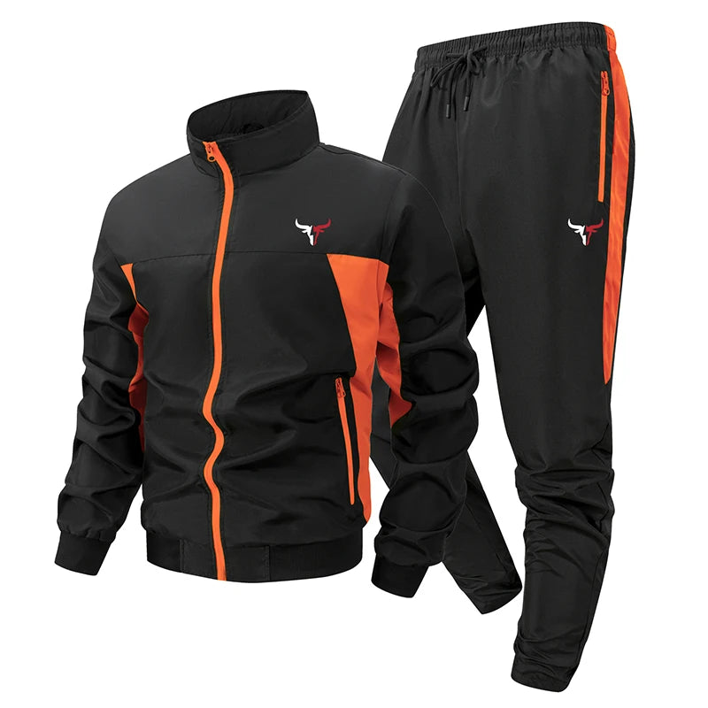 Bull Print Colorblock Sports Set for Men Outdoor Stand Collar Zip Up Jacket Coat Outwear Tops Pants Trousers with Zipper Pockets