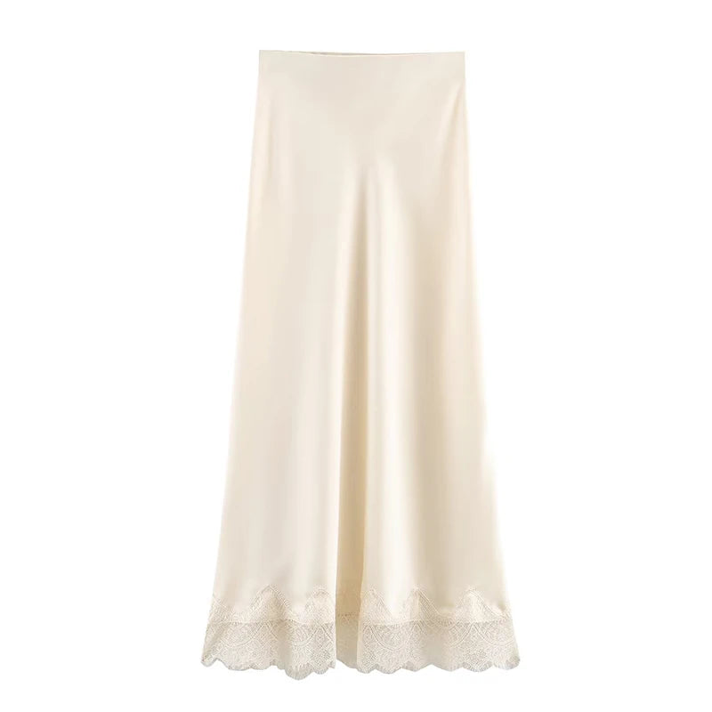 Women's Lace Side Hem Pleated A-Line Midi Skirt – Vintage High Waist Chic Skirt