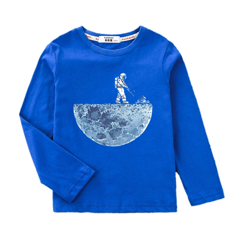 Boys Astronaut Print Long Sleeve T-Shirt – Fun Space Cotton Kids Top