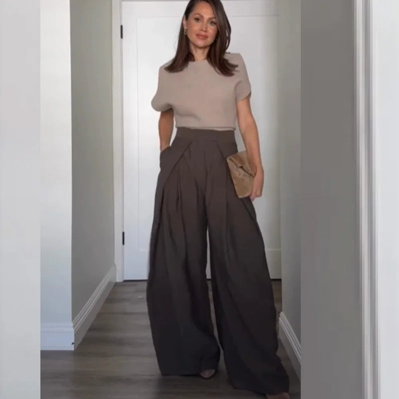 Women's Minimalist Pleated Stripe Wide Leg Suit Pants – Casual Office Oversize Trousers