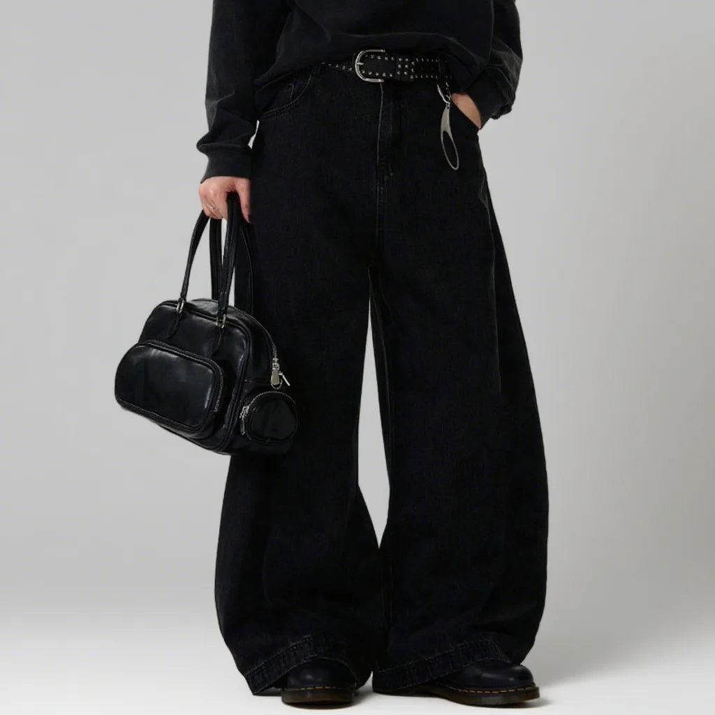 Men's American Baggy Wide Leg Curved Denim Jeans – Loose Solid Color Trendy Trousers
