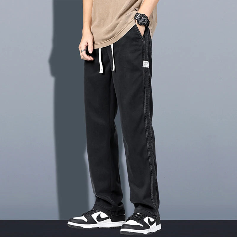 Men's Lyocell Fabric Loose Straight Jeans – Thin Drawstring Elastic Waist Trousers Plus Size