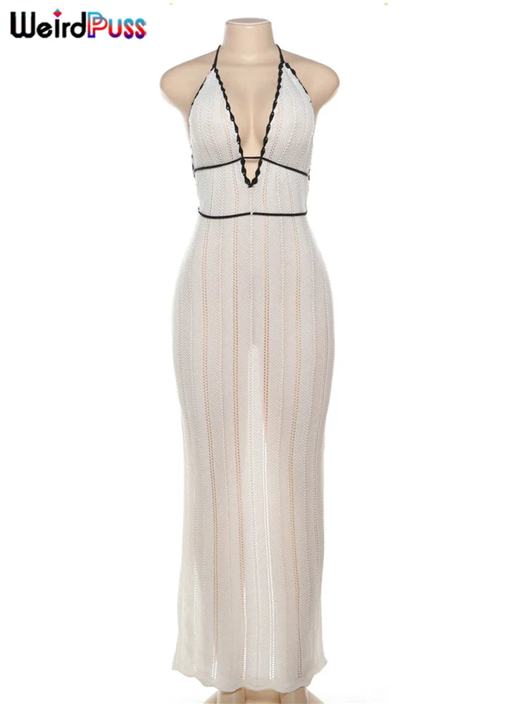 Women's Sexy Halter Backless Lace-Up Color-Block Dress – Sleeveless Nightclub Fashion