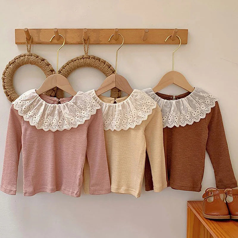 Girls Ruffled Knitwear Long Sleeve Top – Korean Solid Color Autumn Base Shirt