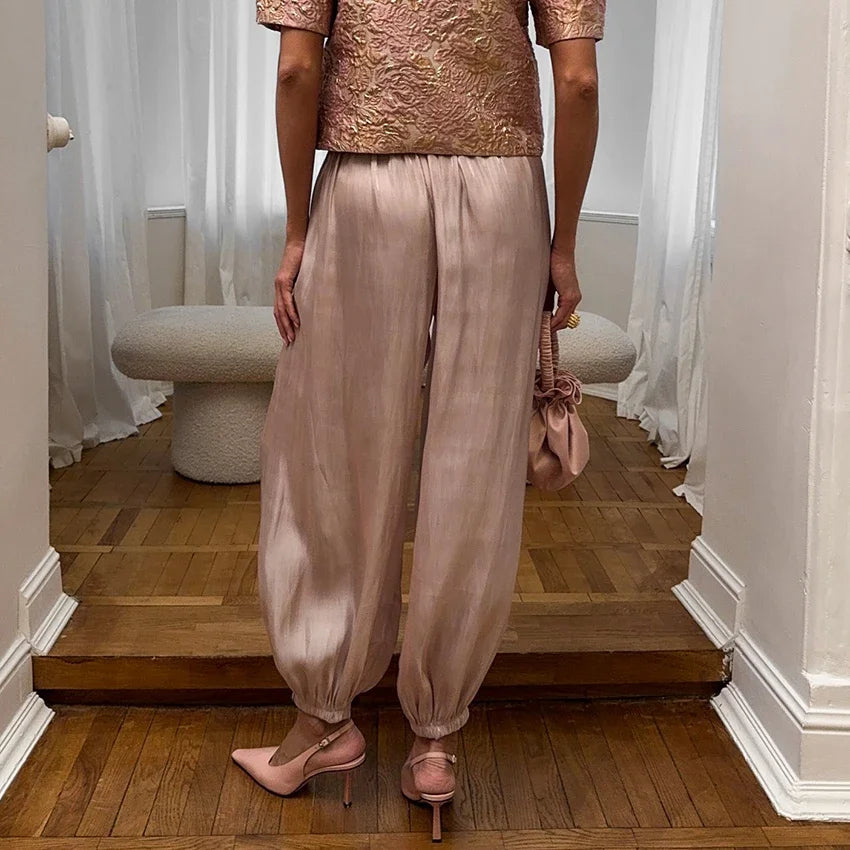 Women's Pink Crepe Pleated Balloon Pants – Vintage High Waist Street Chic Trousers