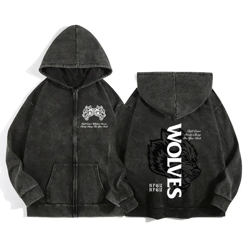 Darc Wolves Gothic Harajuku Zip Hoodie Jacket – Cotton Print Manga Sweatshirt