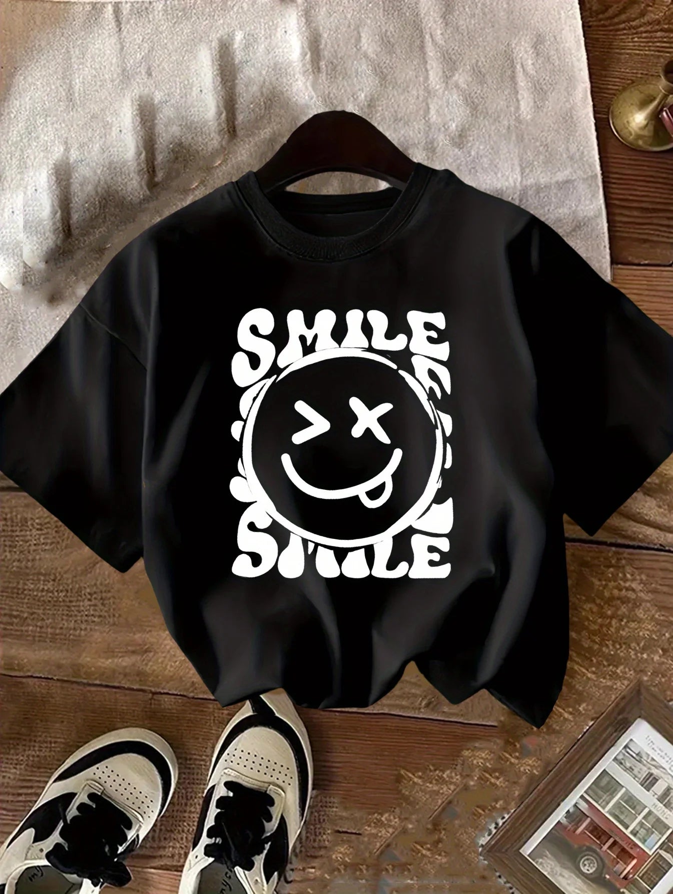 Girls Smiley Face Letter Print Cotton T-Shirt – Cute Short Sleeve Summer Top