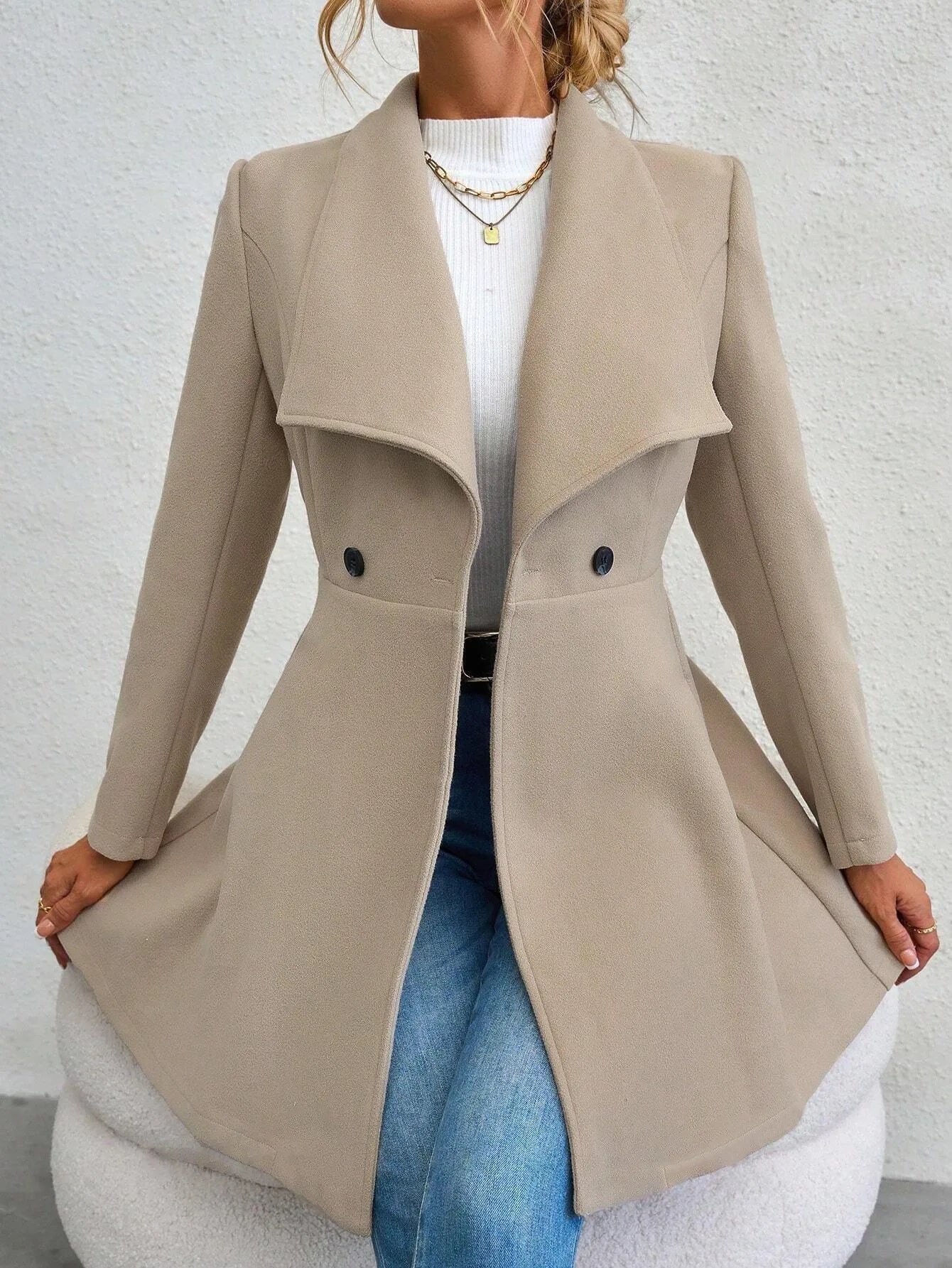 Women's Lapel Button Slim-Fit Wool Coat – Elegant Autumn Winter Outerwear