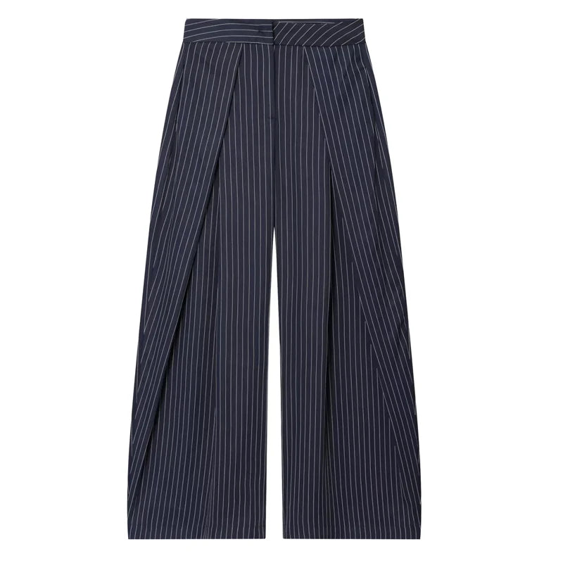 Women's Minimalist Pleated Stripe Wide Leg Suit Pants – Casual Office Oversize Trousers