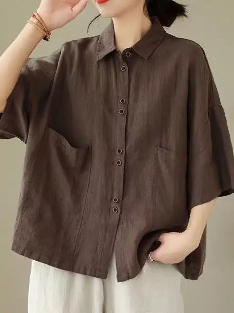 Women's Retro Cotton Linen Short Sleeve Casual Shirt – Loose Korean Fashion Top
