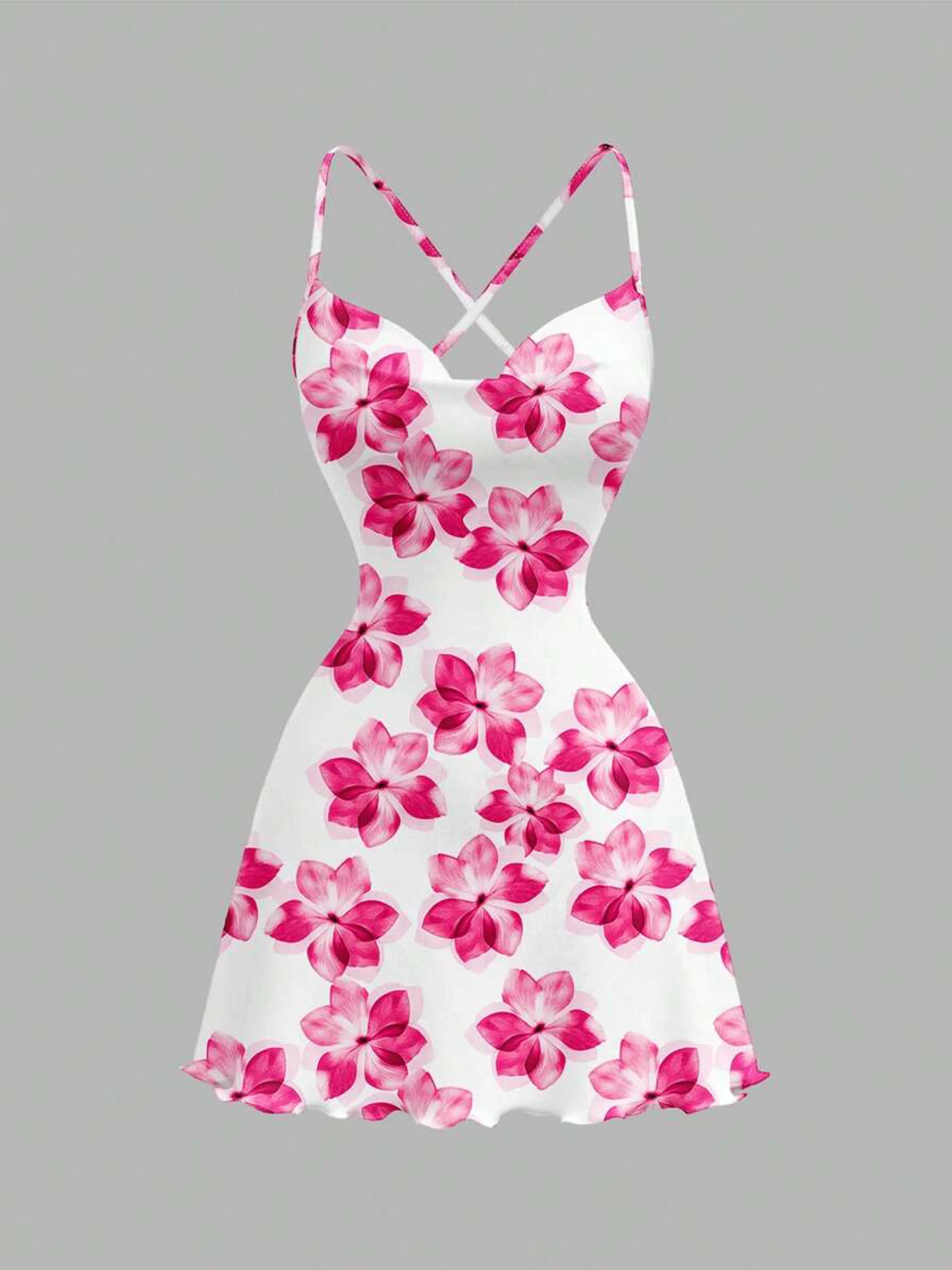 Women's Floral Print Knit Mini Dress – Crisscross Straps Lettuce Hem Going-Out Style