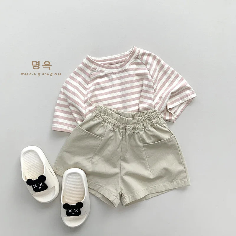 2026 Summer New Children Loose Shorts Solid Vintage Girls Casual Shorts Baby Boys Versatile Pocket Short Pants Kids Clothes