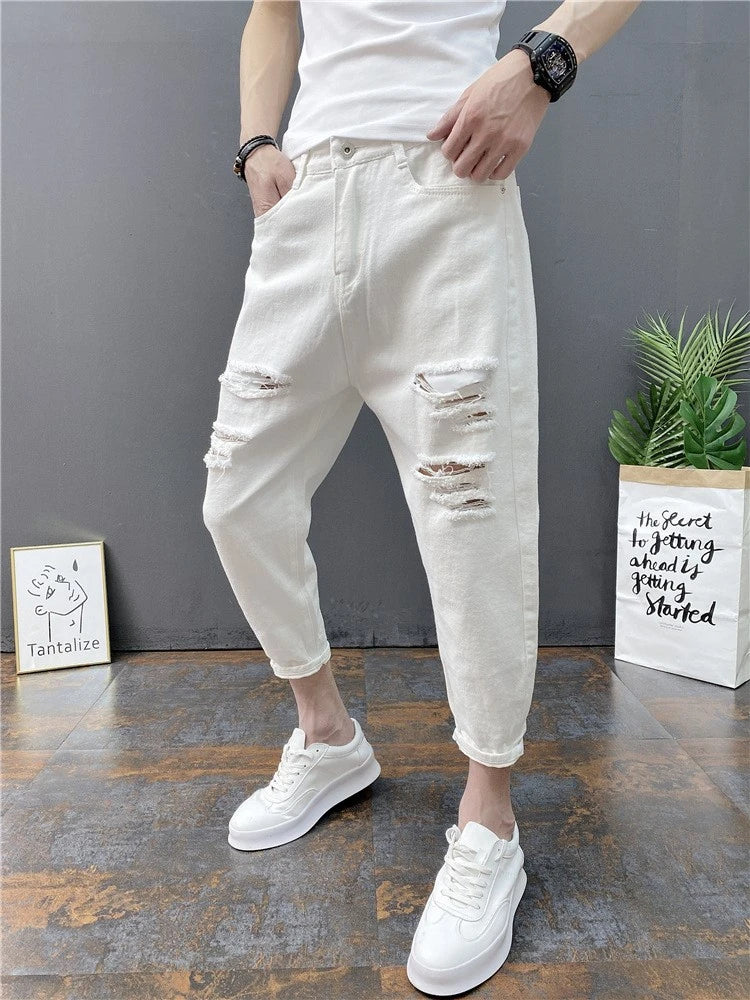 Korean Ankle-Length Distressed Jeans Men White Breathable Slim Fit Ripped Denim Pants Four Season Narrow Leg Harem Male Trousers