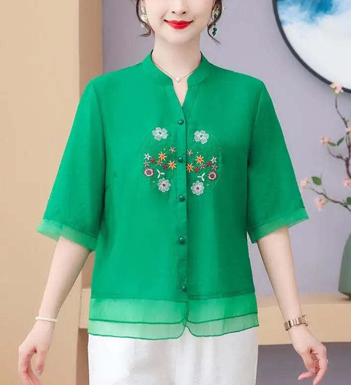 Women's V-Neck Floral Embroidery Half Sleeve Shirt – Vintage Loose Casual Summer Top