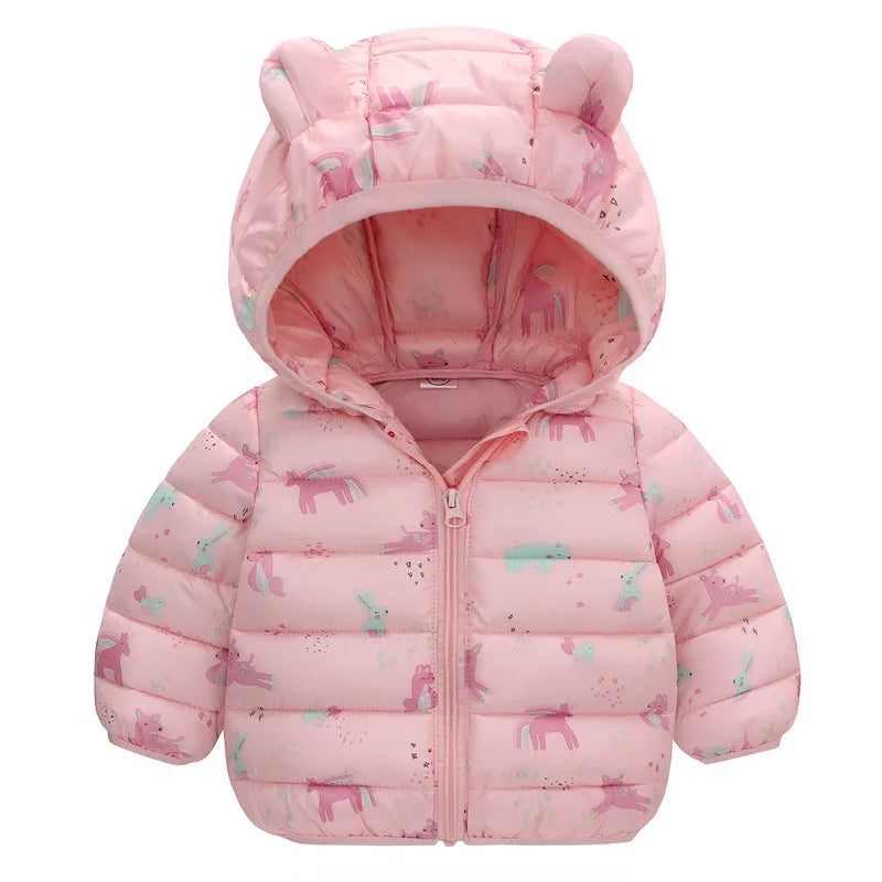 Kids Cartoon Print Thick Hooded Down Cotton Coat – Warm Winter Outerwear Ages 2–6