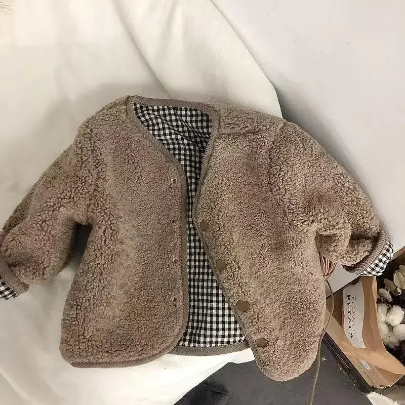 Kids Reversible Plaid Plush Jacket – Two-Sided Warm Winter Coat