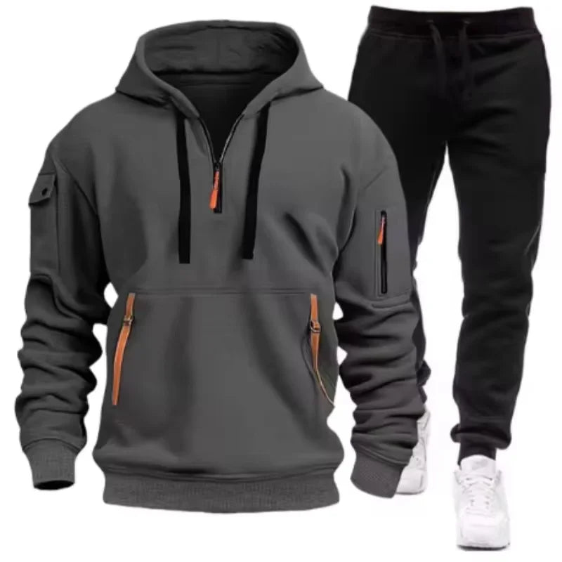 Men's Multi-Pocket Hoodie & Jogger Pants Set – 2-Piece Fitness Tracksuit