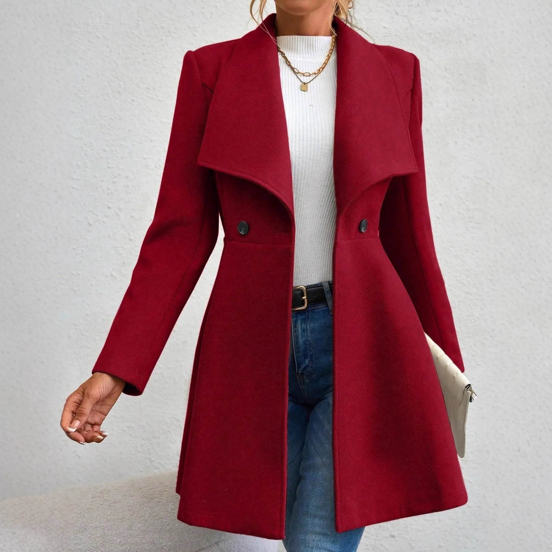 Women's Lapel Button Slim-Fit Wool Coat – Elegant Autumn Winter Outerwear