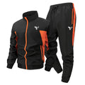 Bull Print Colorblock Sports Set for Men Outdoor Stand Collar Zip Up Jacket Coat Outwear Tops Pants Trousers with Zipper Pockets