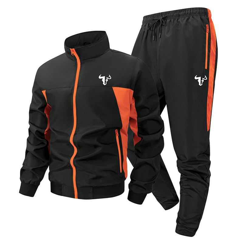 Bull Print Colorblock Sports Set for Men Outdoor Stand Collar Zip Up Jacket Coat Outwear Tops Pants Trousers with Zipper Pockets