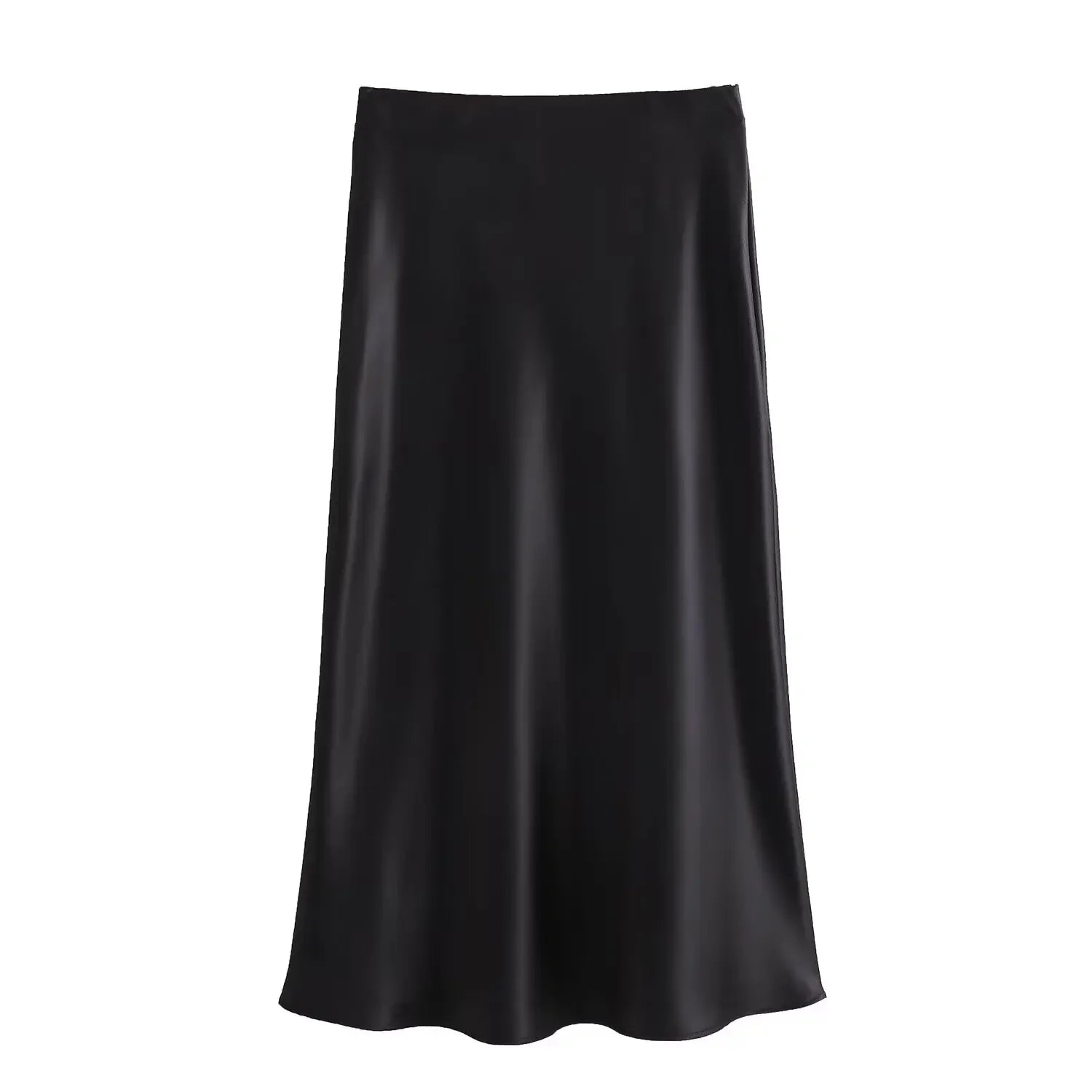 Women's Black Satin High Waist Midi Skirt – Elegant Office Summer Skirt